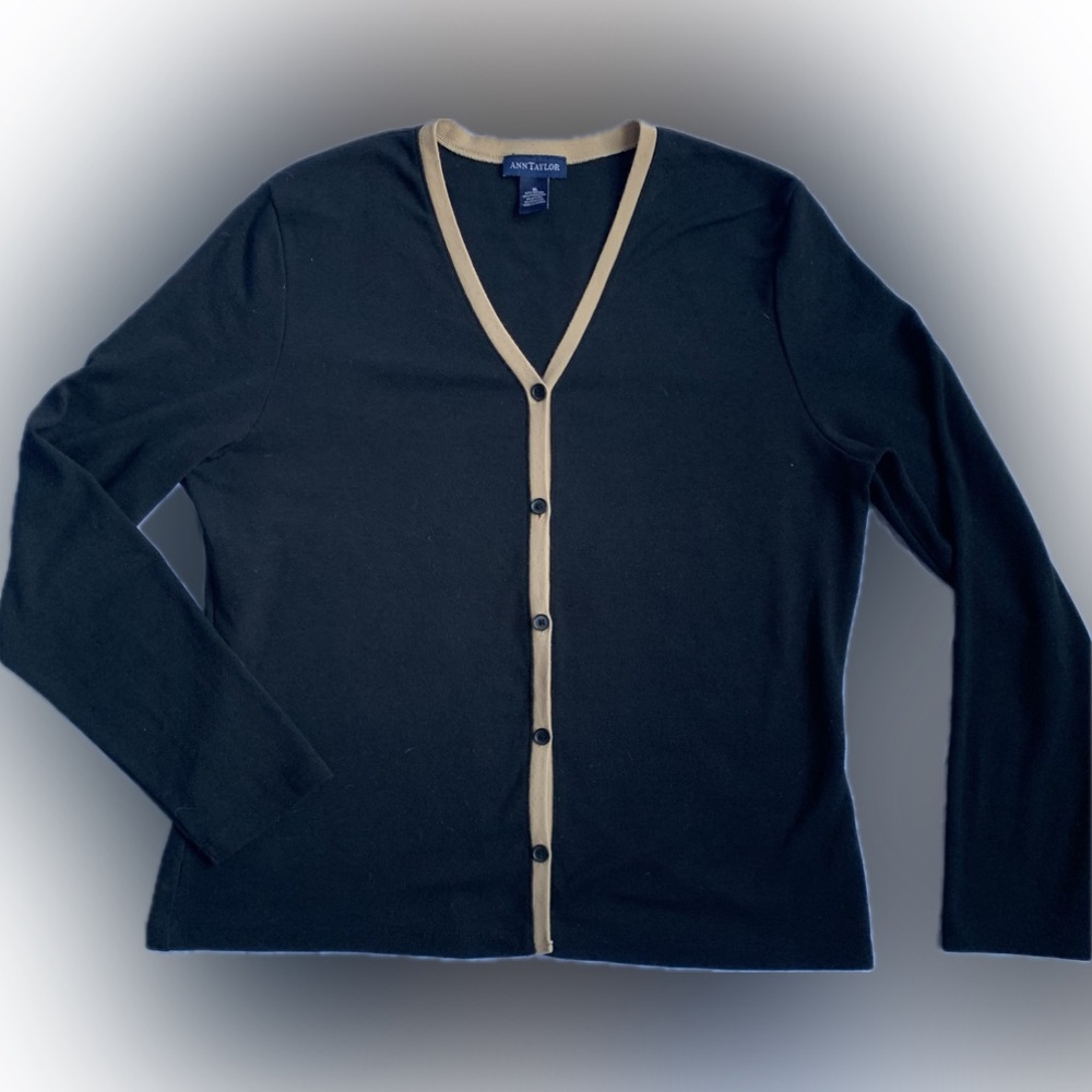Ann Taylor V neck black cardigan with tan piping sweater, XL